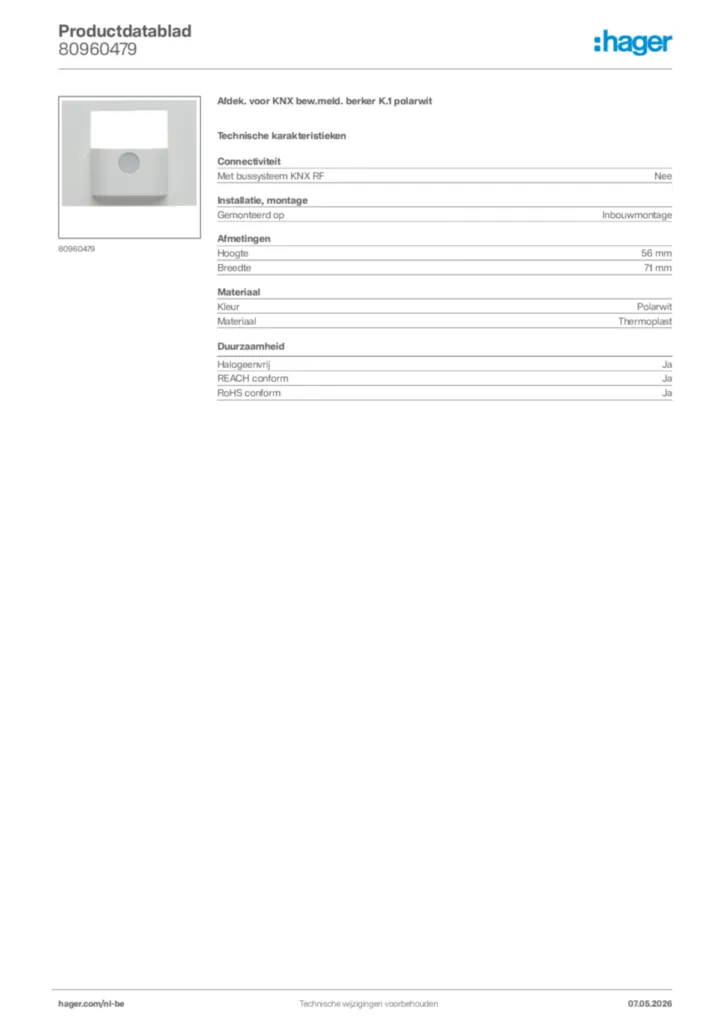 Afbeelding Hager Productdatablad 80960479 | Hager Belgium