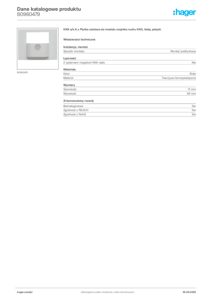 Zdjęcie Hager Dane katalogowe produktu 80960479 | Hager Polska