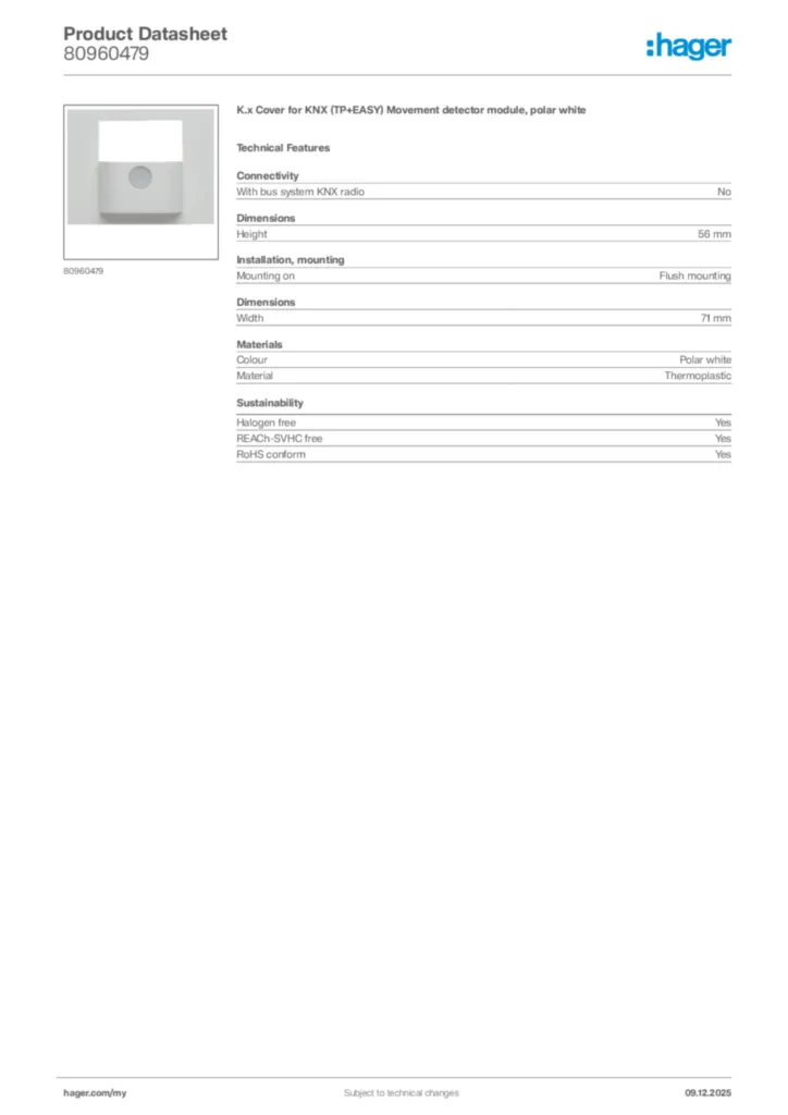 Image Hager Product data sheet 80960479  | Hager