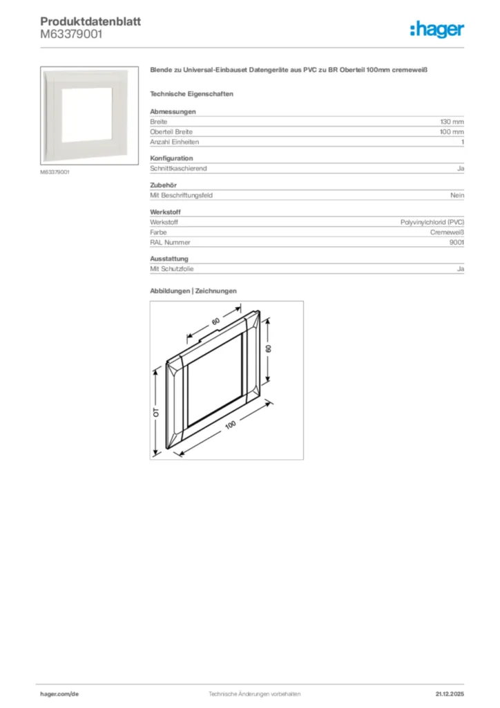 Bild Hager Produktdatenblatt M63379001 | Hager Deutschland