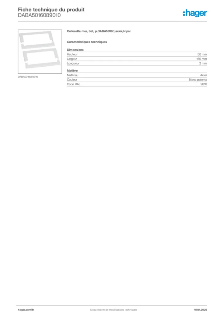 Image Hager Fiche technique du produit DABA5016089010 | Hager France