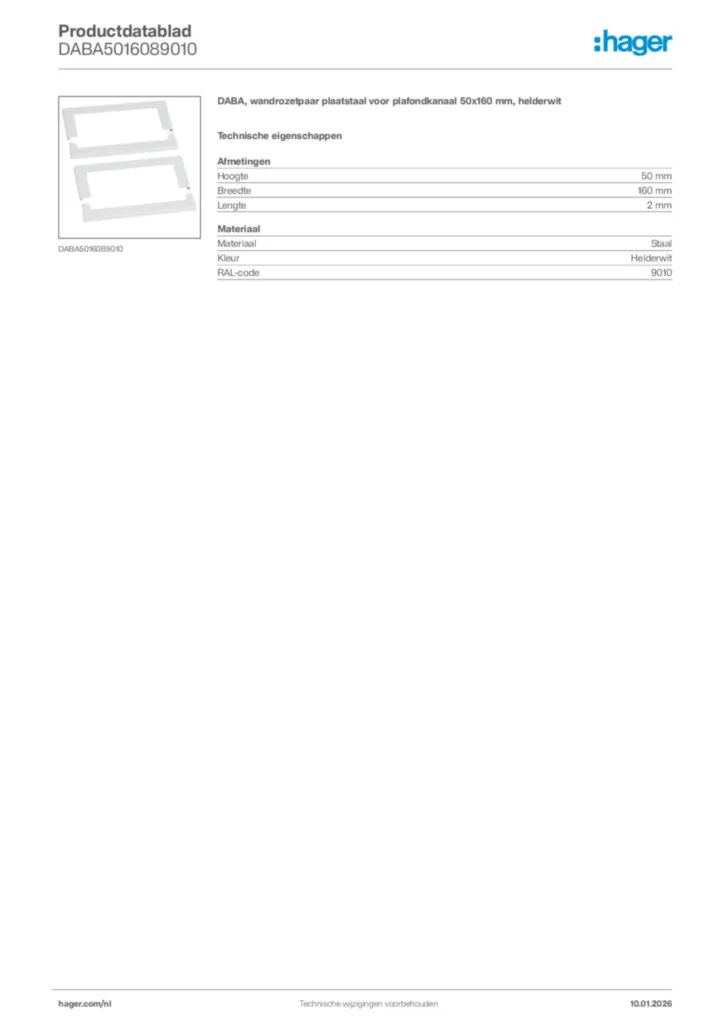 Afbeelding Hager Productdatablad DABA5016089010 | Hager Nederland