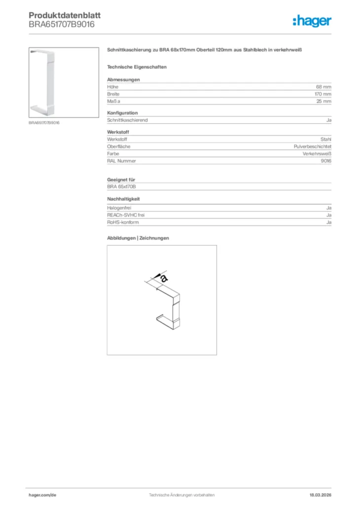 Bild Hager Produktdatenblatt BRA651707B9016 | Hager Deutschland