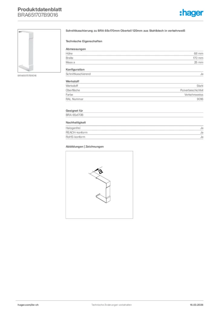 Bild Hager Produktdatenblatt BRA651707B9016 | Hager Schweiz