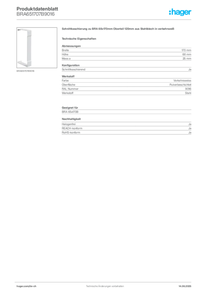 Bild Hager Produktdatenblatt BRA651707B9016 | Hager Schweiz