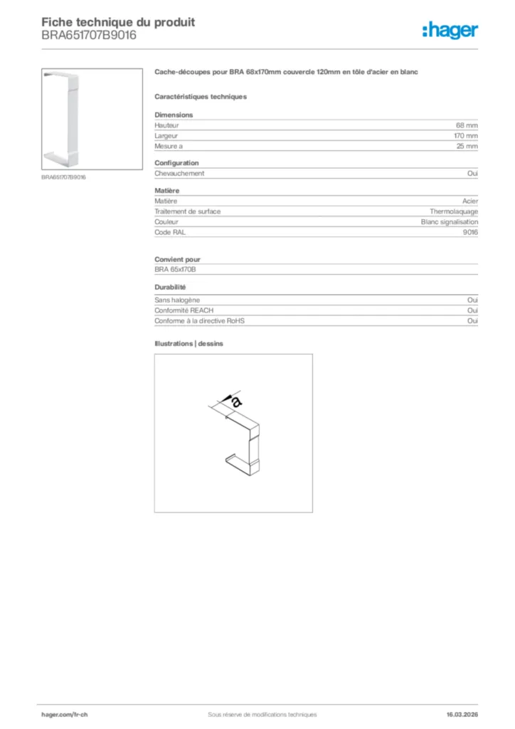 Image Hager Fiche technique du produit BRA651707B9016 | Hager Suisse