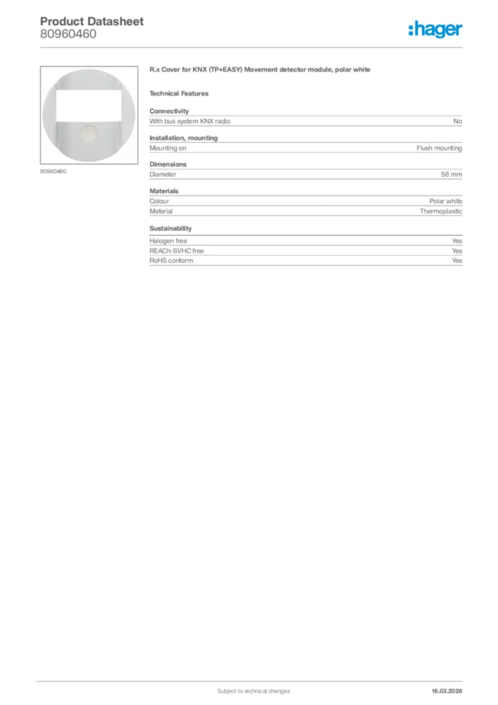 Image Hager Product data sheet 80960460  | Hager Africa