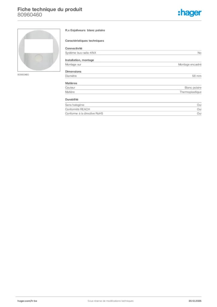 Image Hager Fiche technique du produit 80960460 | Hager Belgique