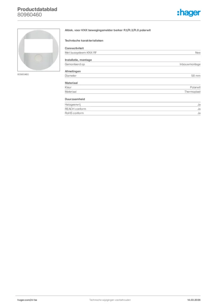 Afbeelding Hager Productdatablad 80960460 | Hager Belgium