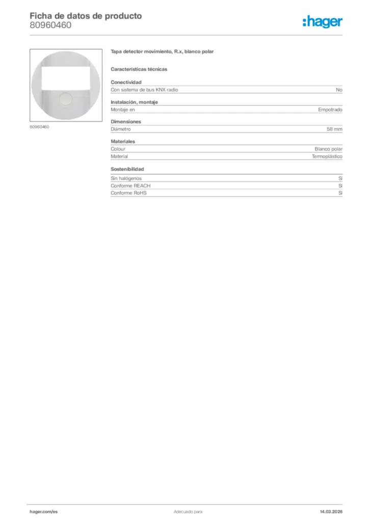 Imagen Hager Ficha de datos de producto 80960460 | Hager España