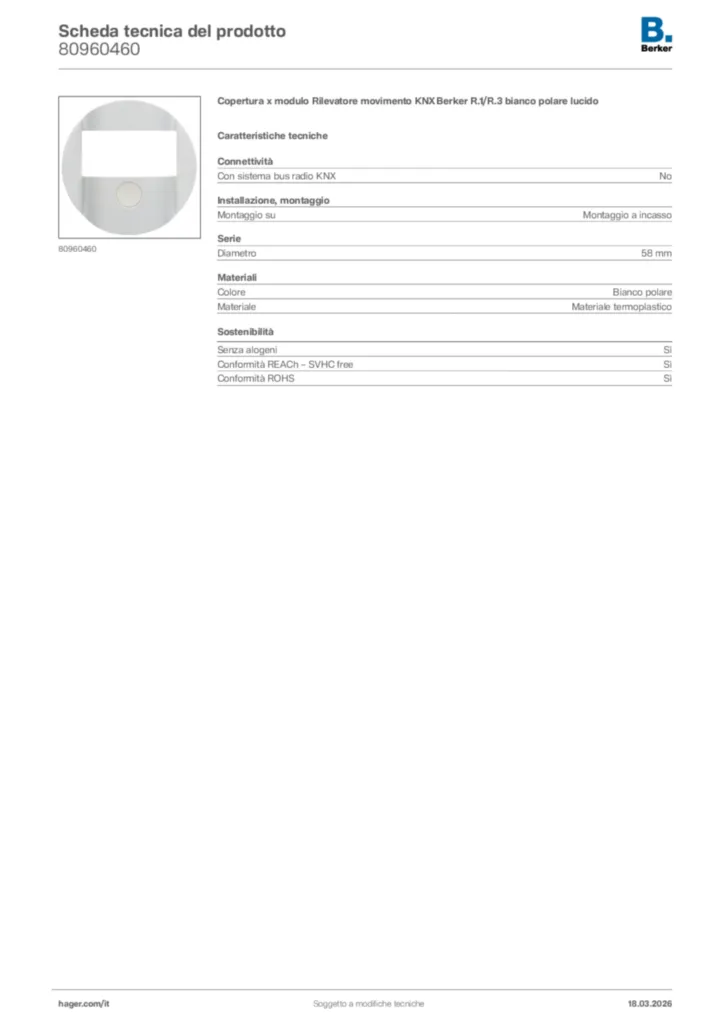 Immagine Berker Scheda tecnica del prodotto 80960460 | Hager Italia