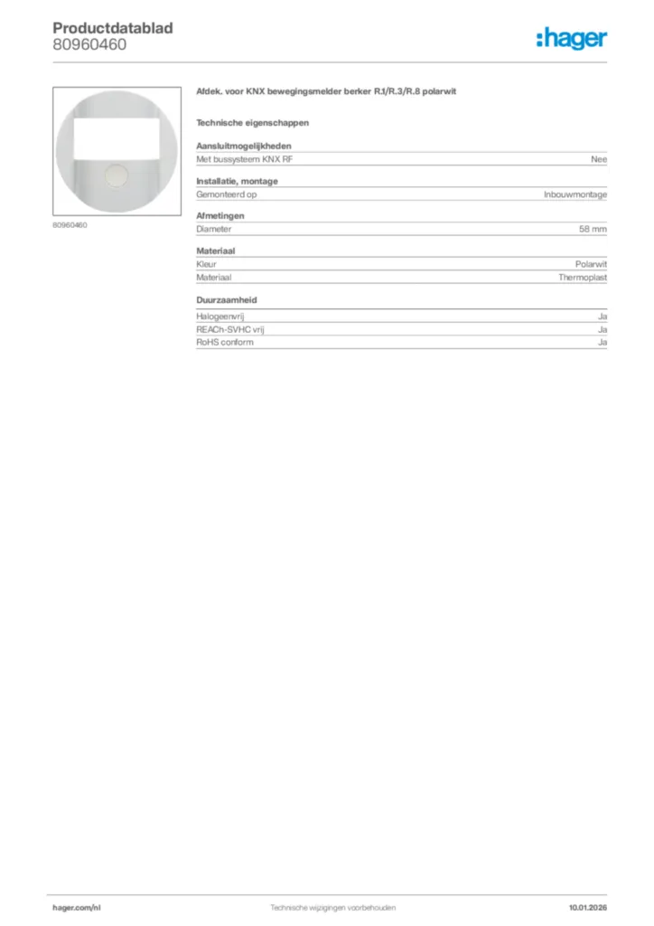 Afbeelding Hager Productdatablad 80960460 | Hager Nederland