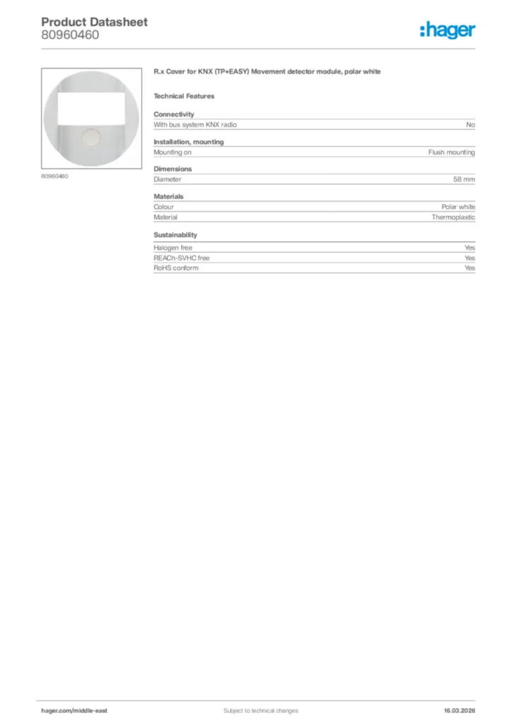 Image Hager Product data sheet 80960460  | Hager