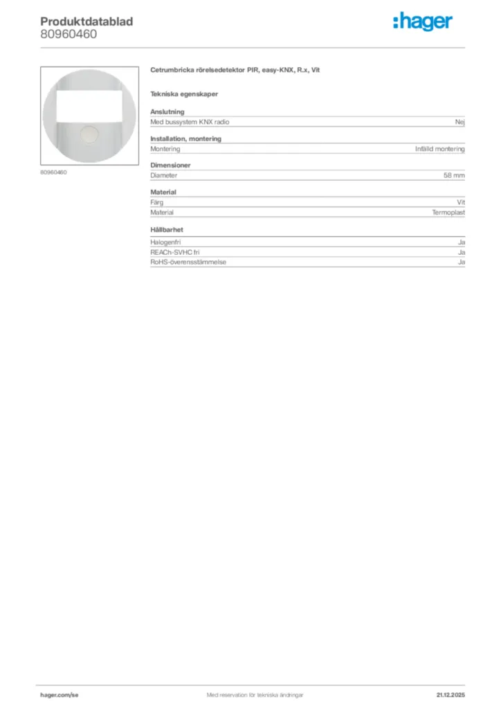 Bild Hager Produktdatablad 80960460 | Hager Sverige