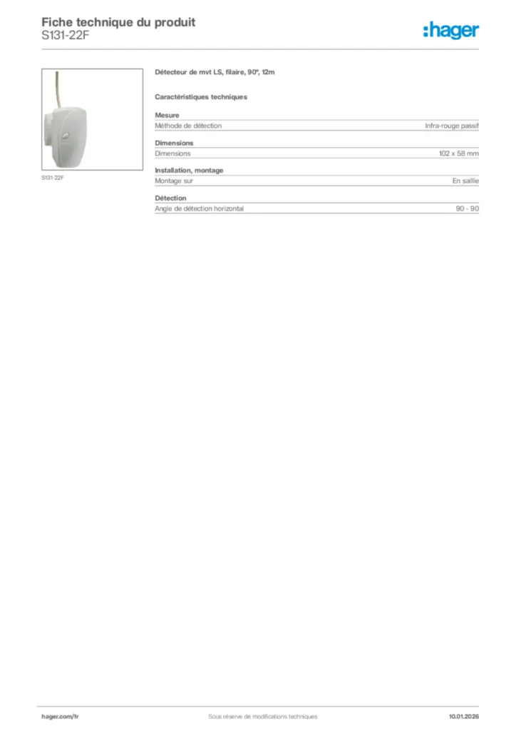 Image Hager Fiche technique du produit S131-22F | Hager France