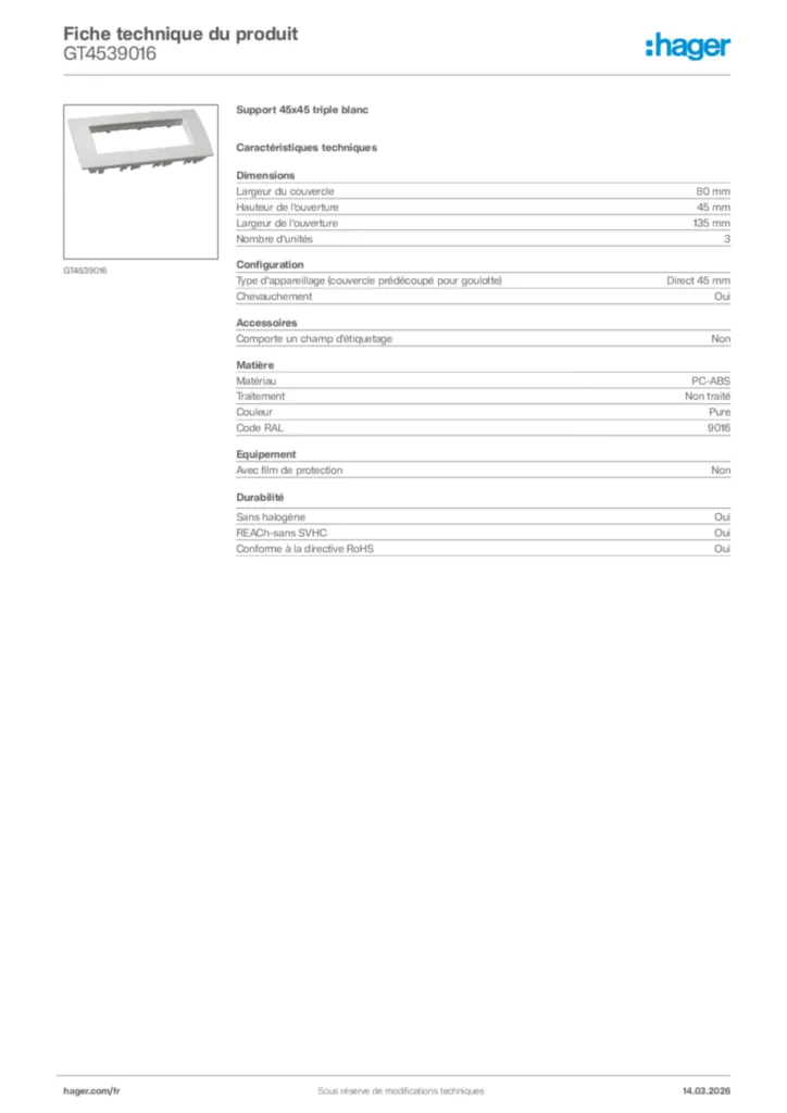 Image Hager Fiche technique du produit GT4539016 | Hager France