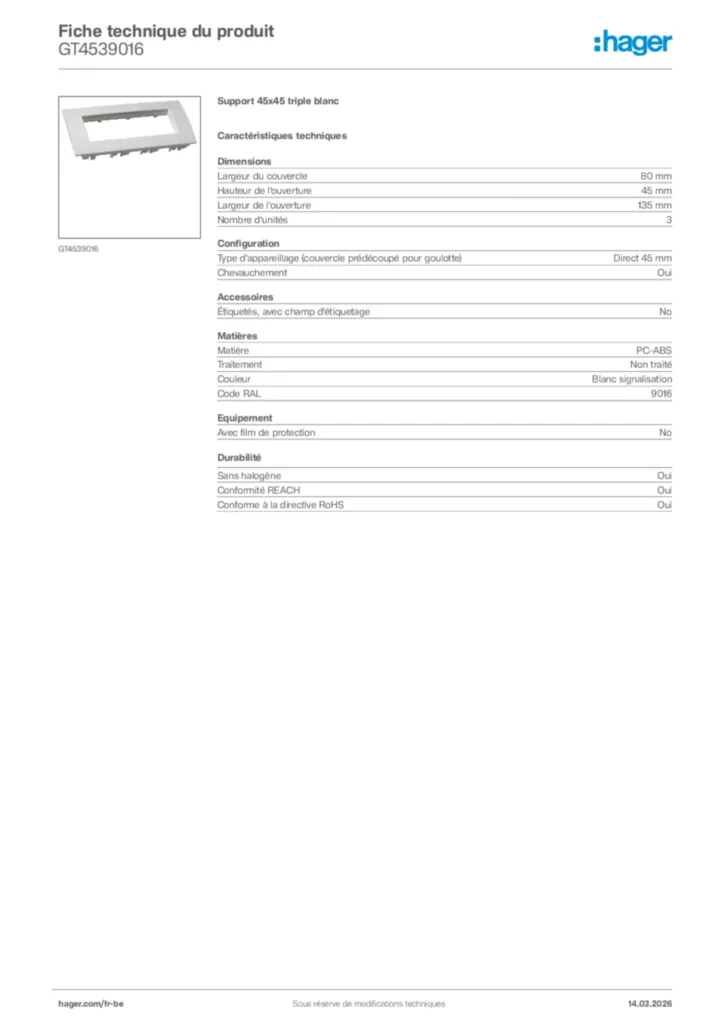 Image Hager Fiche technique du produit GT4539016 | Hager Belgique