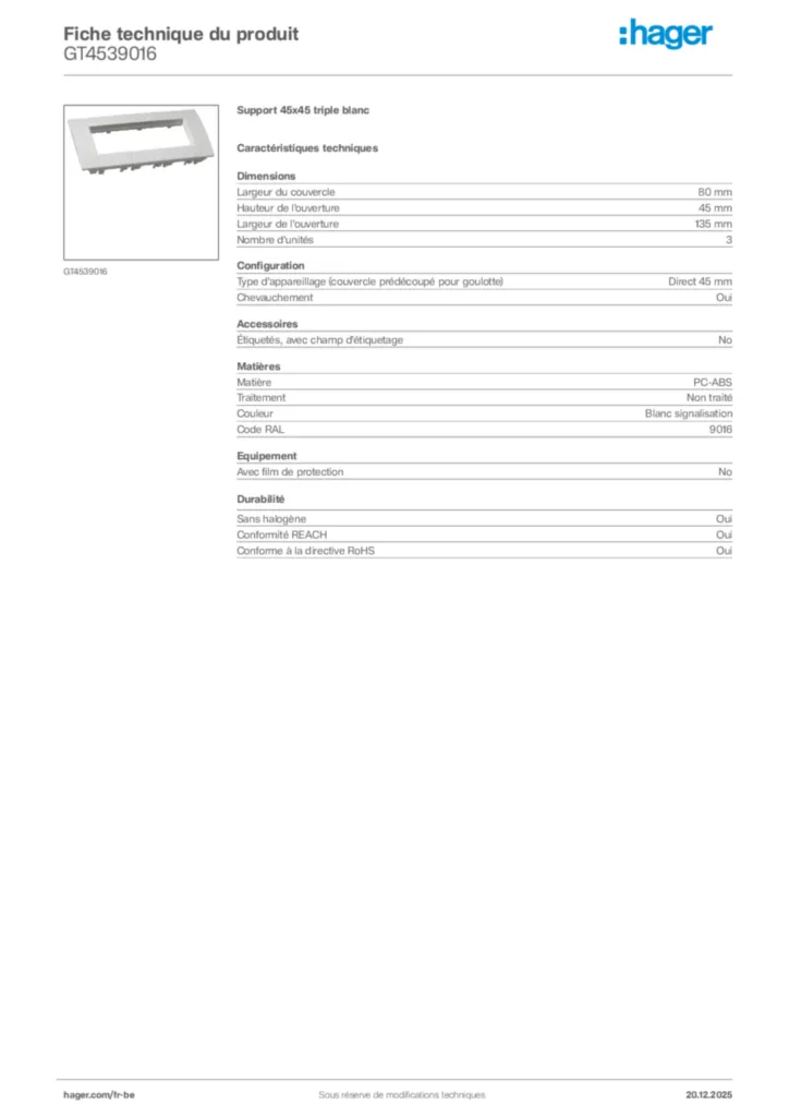 Image Hager Fiche technique du produit GT4539016 | Hager Belgique