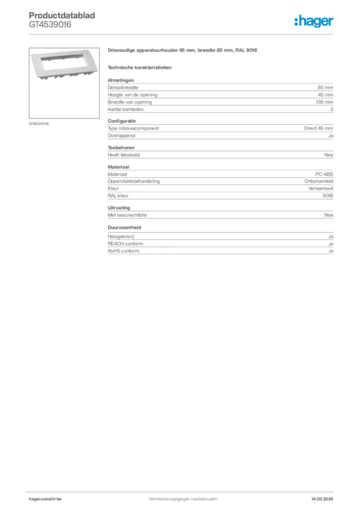 Afbeelding Hager Productdatablad GT4539016 | Hager Belgium