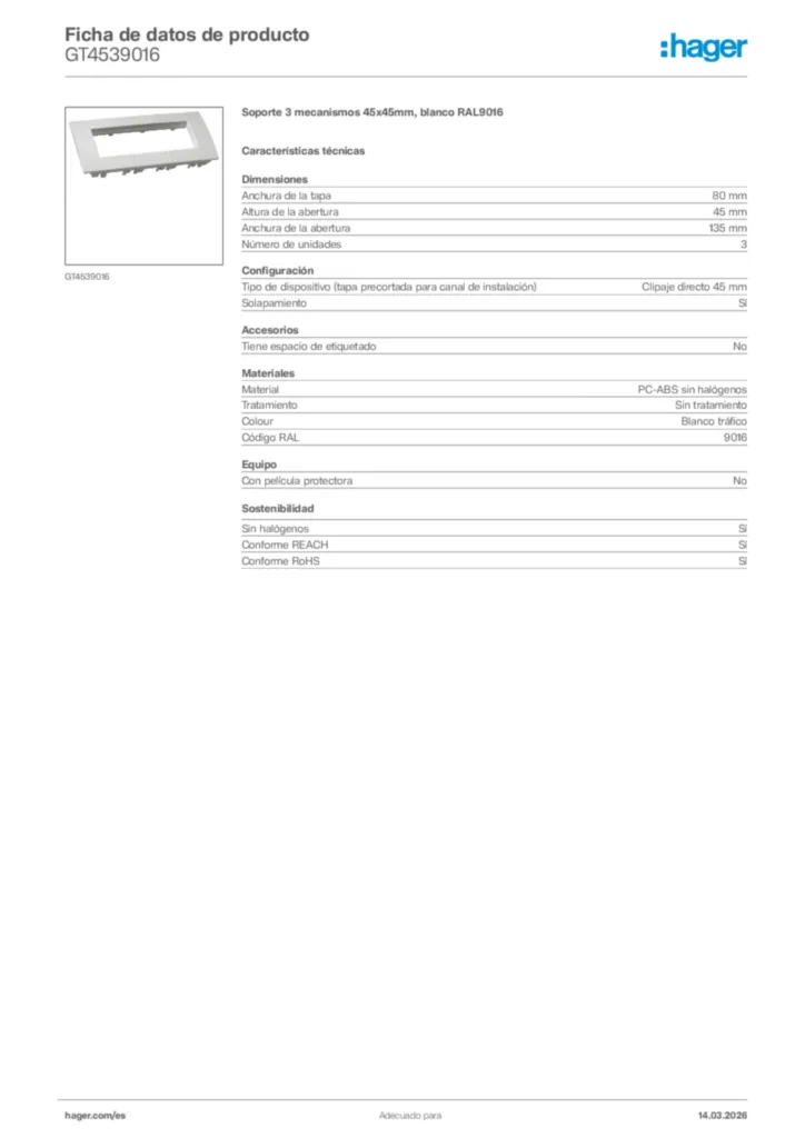 Imagen Hager Ficha de datos de producto GT4539016 | Hager España