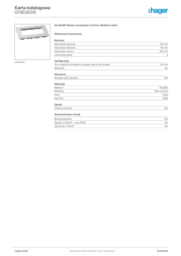Zdjęcie Hager Karta katalogowa GT4539016 | Hager Polska