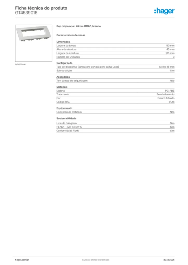 Imagem Hager Ficha técnica do produto GT4539016 | Hager Portugal