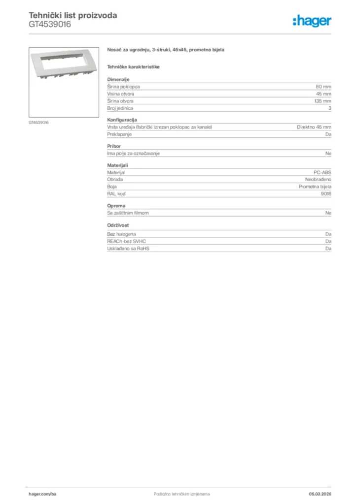 Slika Hager Tehnički list proizvoda GT4539016  | Hager