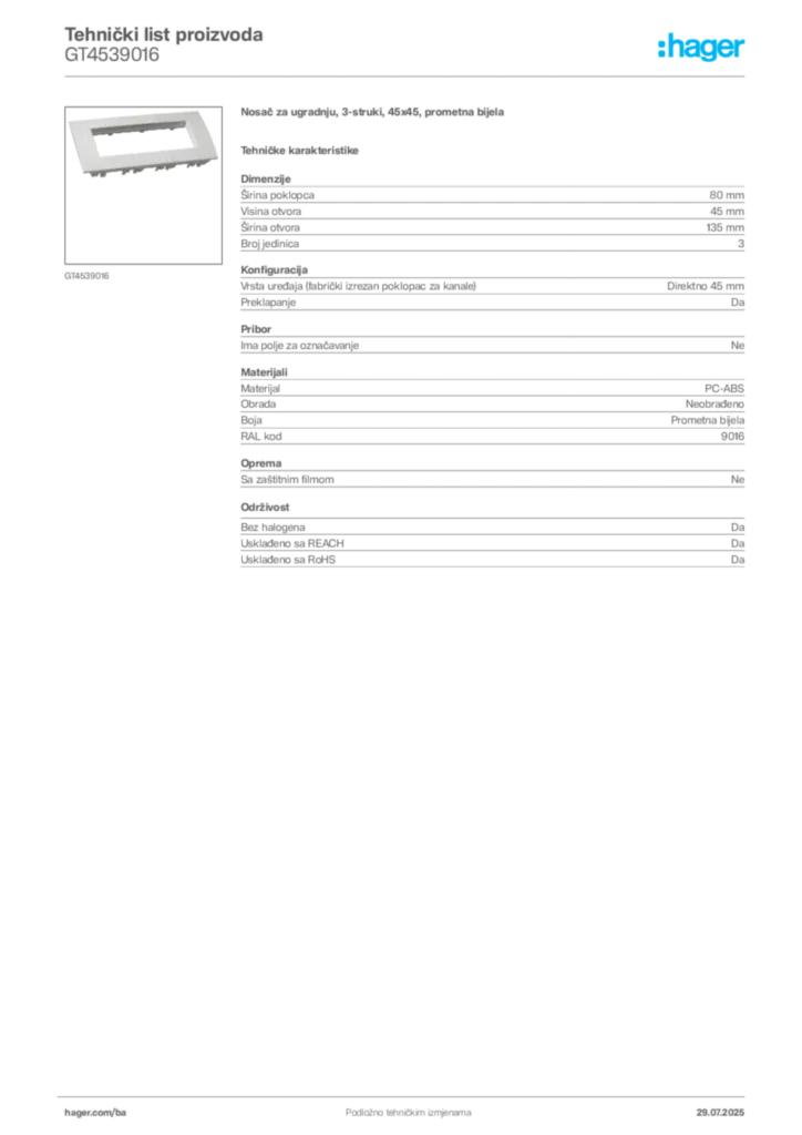 Slika Hager Product data sheet GT4539016  | Hager