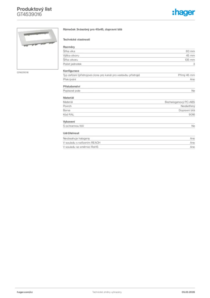 Obrázek Hager Product data sheet GT4539016 | Hager
