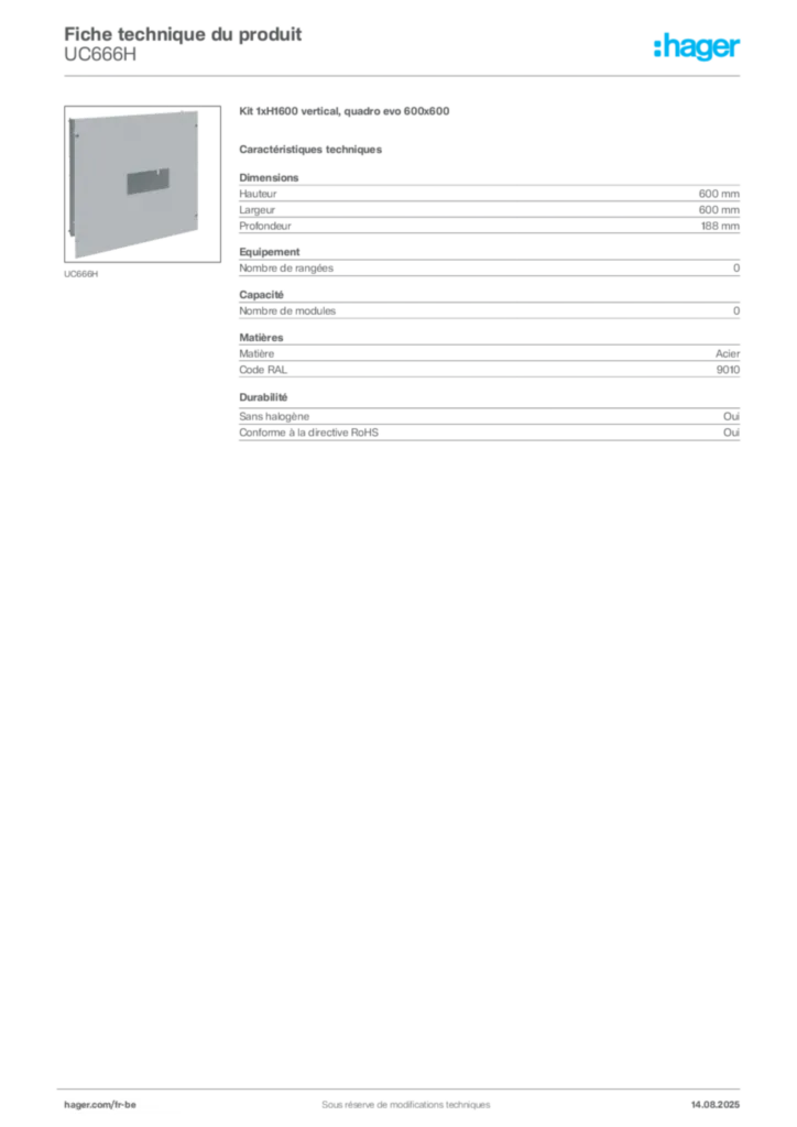 Image Hager Fiche technique du produit UC666H | Hager Belgique