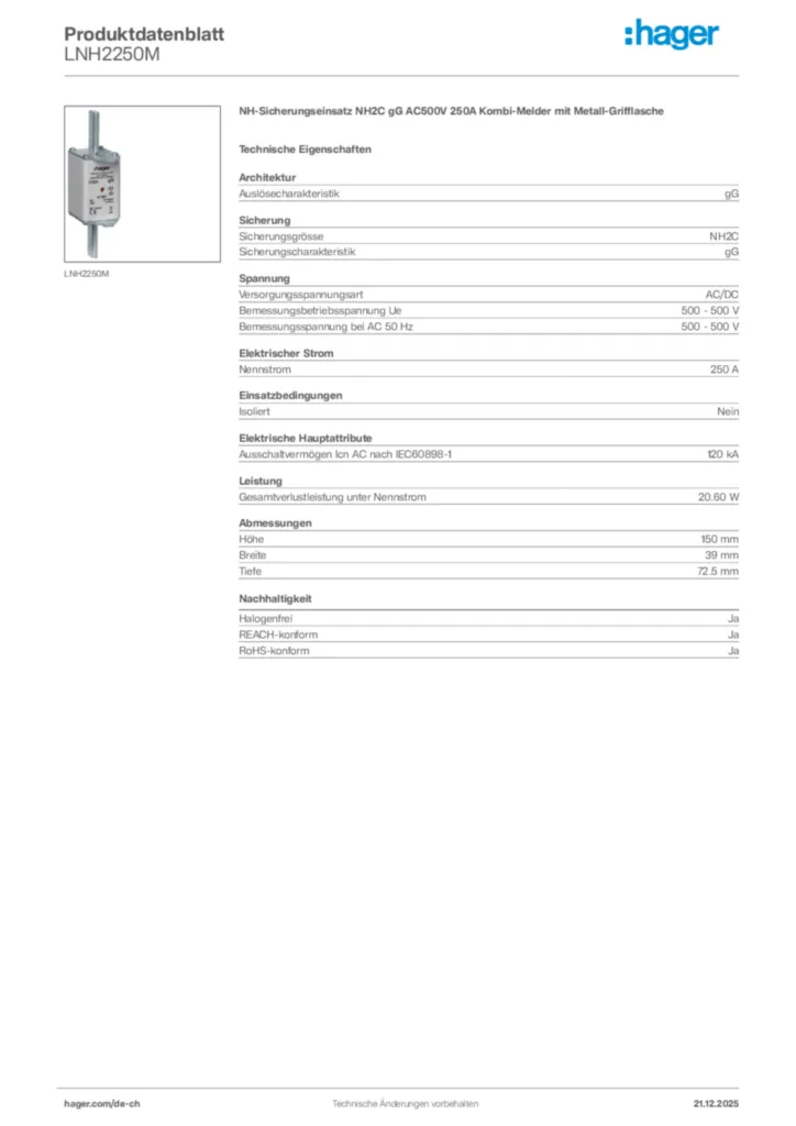 Bild Hager Produktdatenblatt LNH2250M | Hager Schweiz