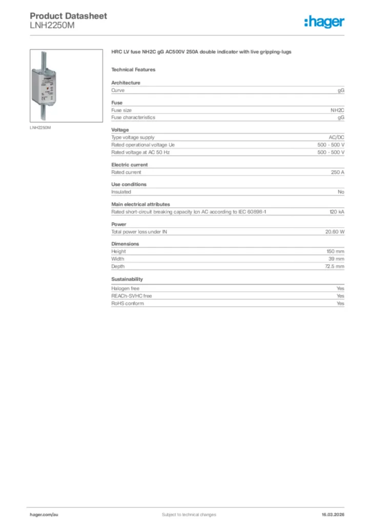 Image Hager Product data sheet LNH2250M  | Hager Australia