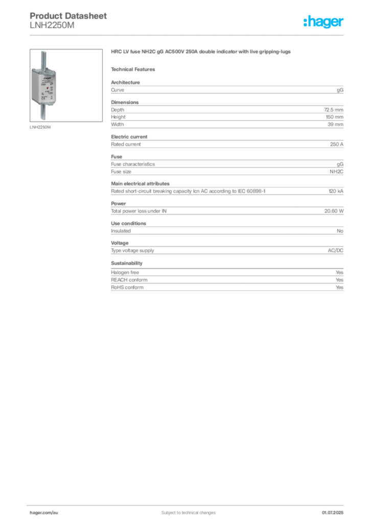 Image Hager Product data sheet LNH2250M  | Hager Australia