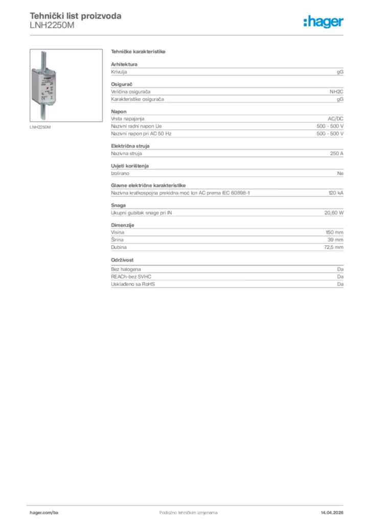 Slika Hager Tehnički list proizvoda LNH2250M  | Hager