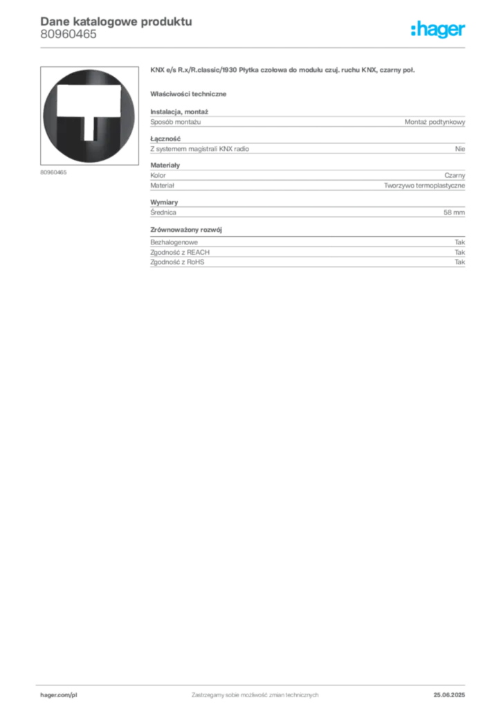 Zdjęcie Hager Dane katalogowe produktu 80960465 | Hager Polska