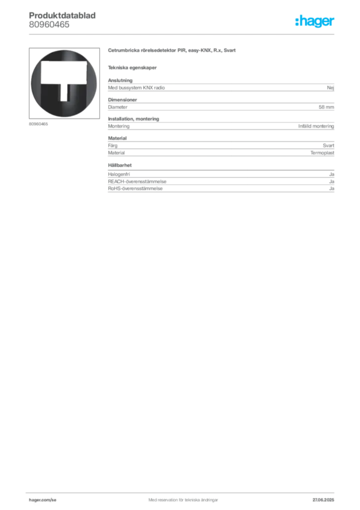 Bild Hager Produktdatablad 80960465 | Hager Sverige