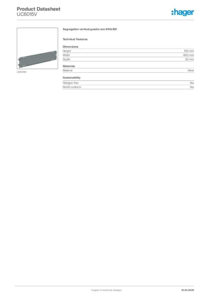 Image Hager Product data sheet UC6015V  | Hager Africa