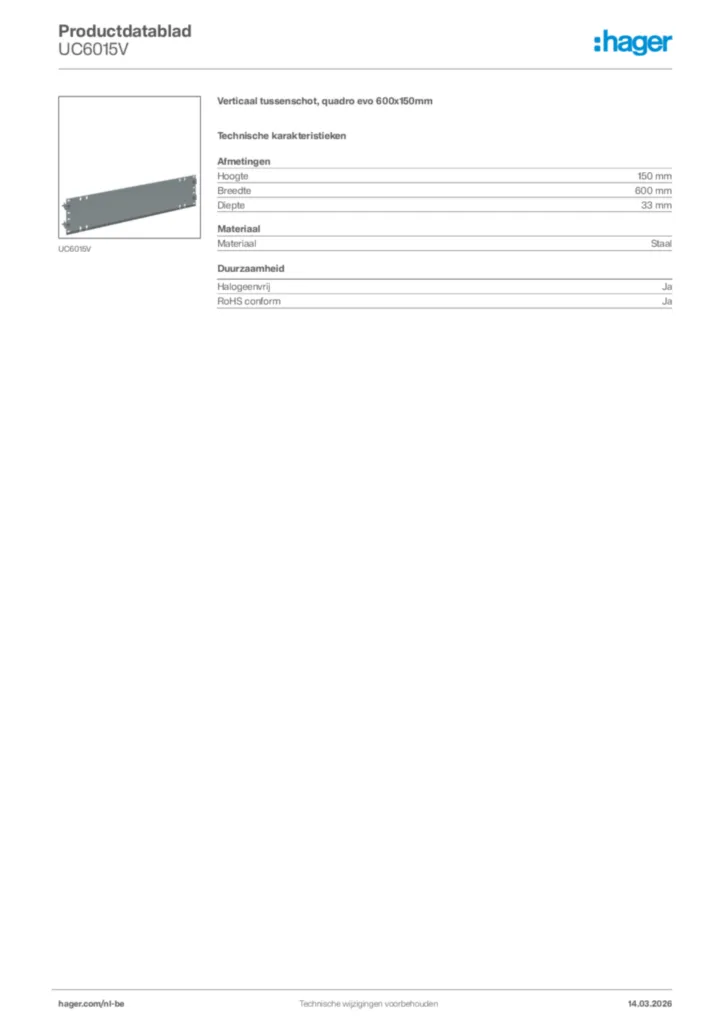 Afbeelding Hager Productdatablad UC6015V | Hager Belgium