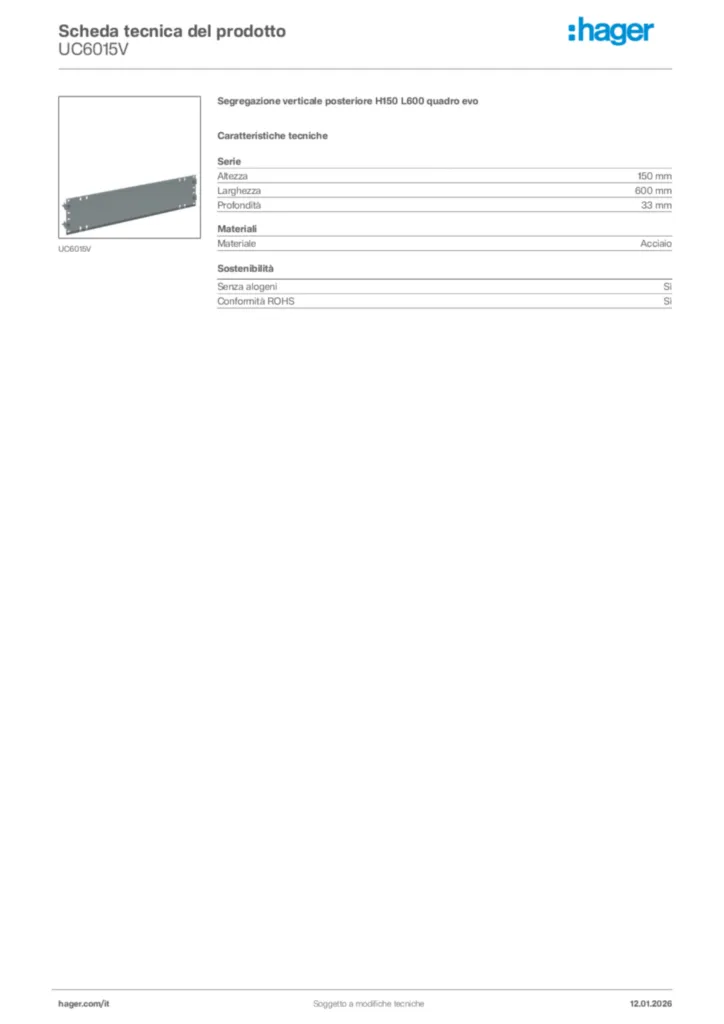 Immagine Hager Scheda tecnica del prodotto UC6015V | Hager Italia