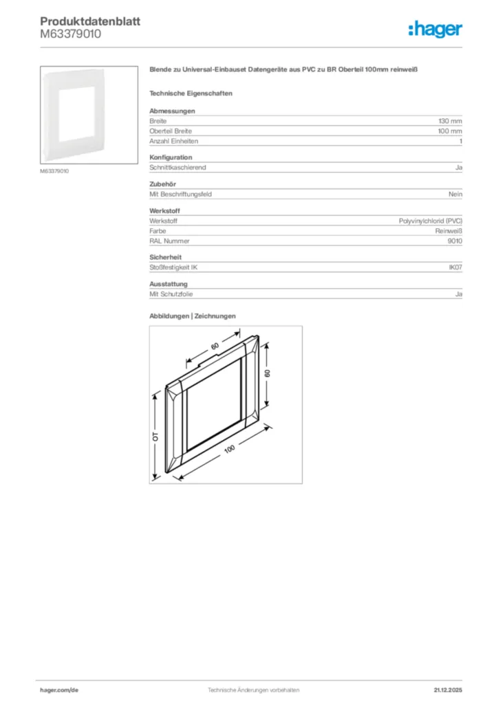 Bild Hager Produktdatenblatt M63379010 | Hager Deutschland