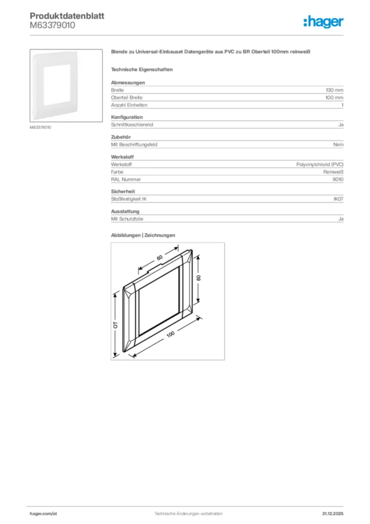 Bild Hager Produktdatenblatt M63379010 | Hager Deutschland