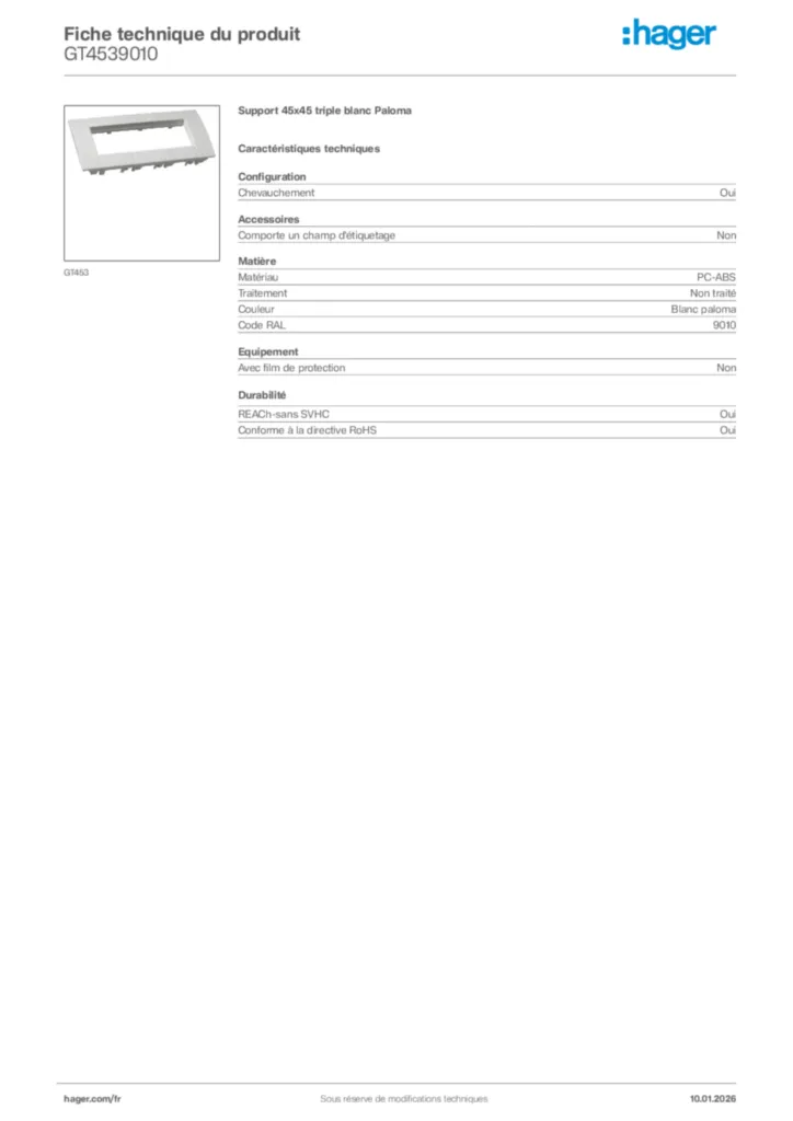 Image Hager Fiche technique du produit GT4539010 | Hager France