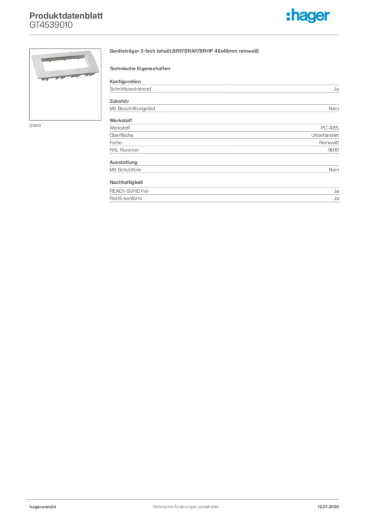 Bild Hager Produktdatenblatt GT4539010 | Hager Deutschland