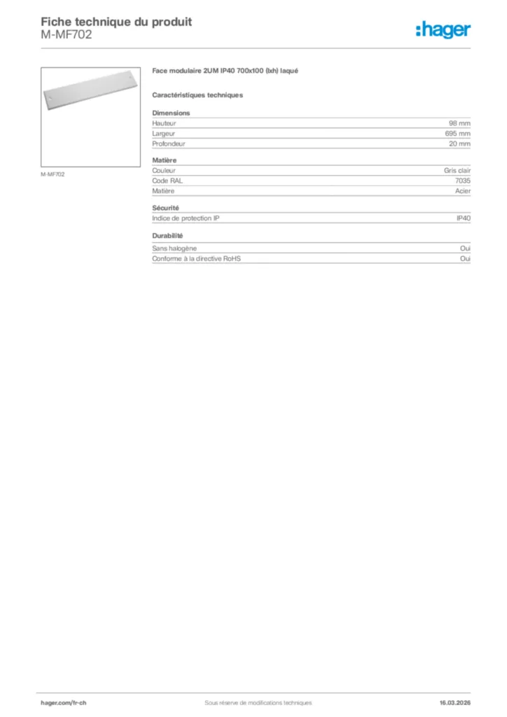 Image Hager Fiche technique du produit M-MF702 | Hager Suisse