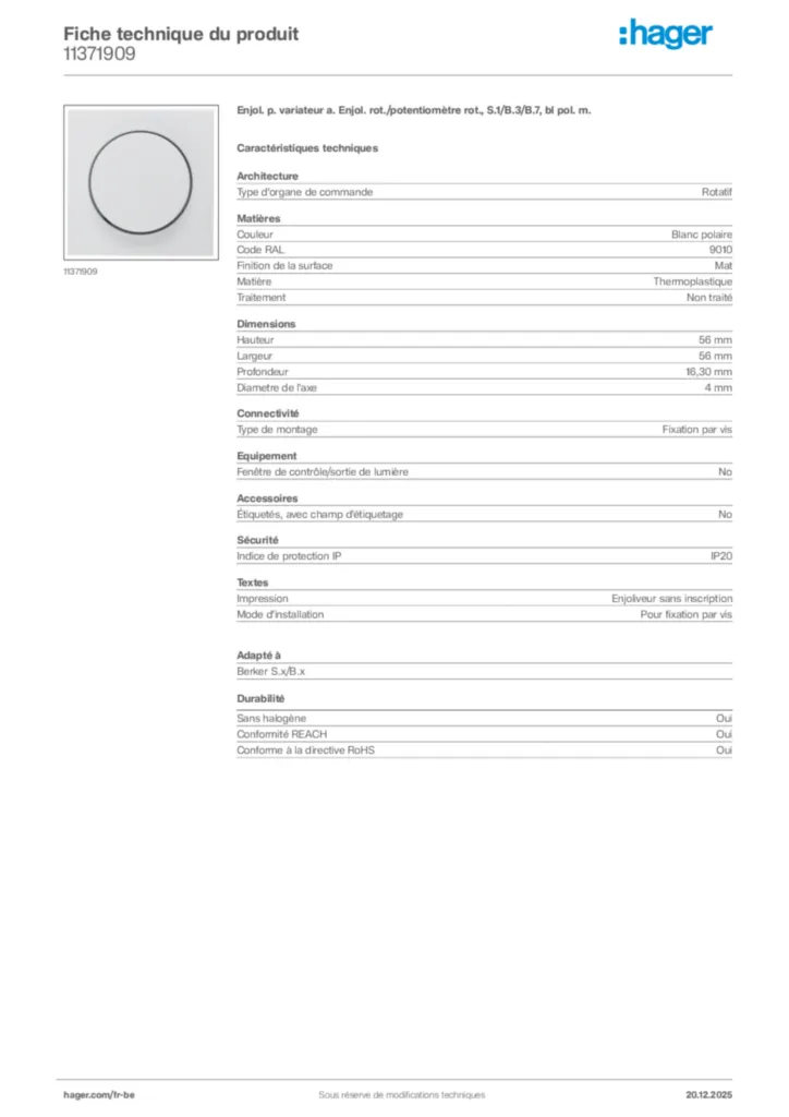Image Hager Fiche technique du produit 11371909 | Hager Belgique