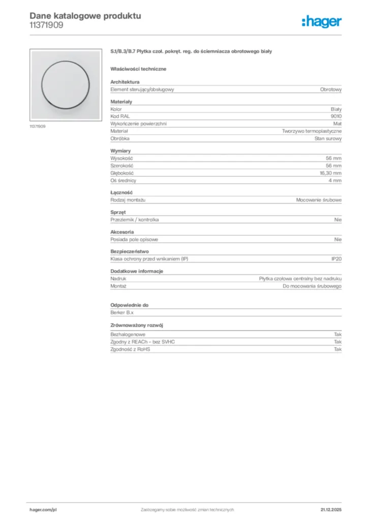 Zdjęcie Hager Dane katalogowe produktu 11371909 | Hager Polska