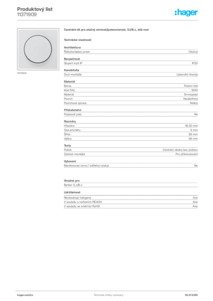 Obrázek Hager Produktový list 11371909 | Hager