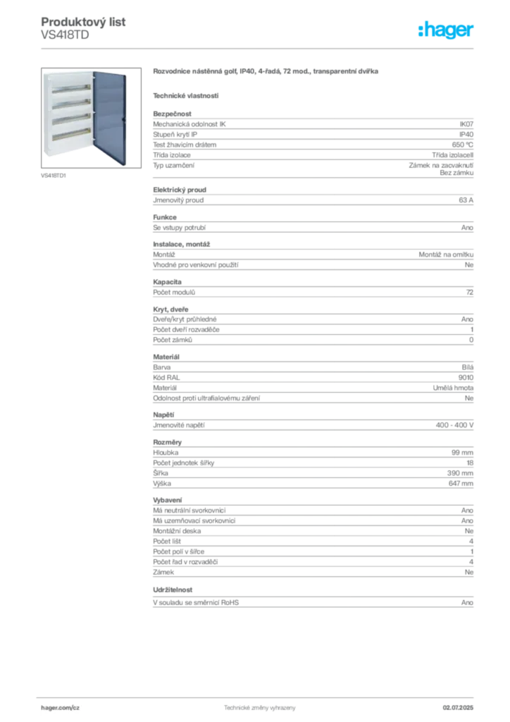 Obrázek Hager Produktový list VS418TD | Hager