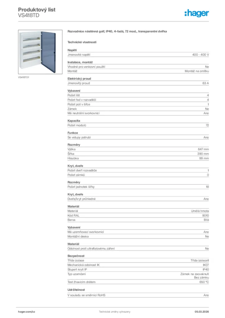 Obrázek Hager Product data sheet VS418TD | Hager