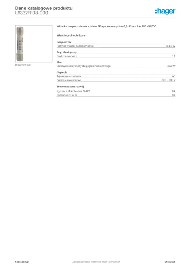 Zdjęcie Hager Dane katalogowe produktu L6332FF08-000 | Hager Polska